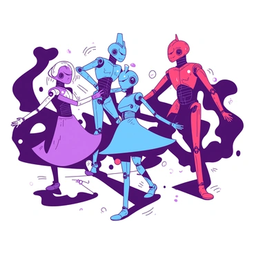 Robots engaging in a dance performance, with a backdrop of colorful abstract art.