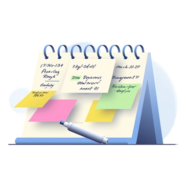 A 3D calendar is displayed prominently in the center, featuring several pages that are flipped to reveal various dates. The calendar is designed with a modern aesthetic, showcasing a sleek, glossy finish. On the visible pages, there are handwritten notes and reminders written in black ink, indicating specific business meetings scheduled for certain dates. Colorful sticky notes are attached to the calendar, each bearing different reminders in bright colors such as yellow, pink, and green. A silver pen is resting nearby, ready for jotting down additional notes. The background is softly blurred, emphasizing the calendar as the main focus of the image.