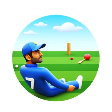 MS Dhoni sitting quietly near a cricket pitch. He is wearing his cricket uniform, including a blue jersey with the number 7 on it. The pitch is well-maintained with a green outfield surrounding it. In the background, there are a few scattered cricket equipment items like bats and balls. The sky above is clear with a few clouds, casting soft shadows on the pitch. His expression is contemplative, and he is gazing into the distance, reflecting on the game.