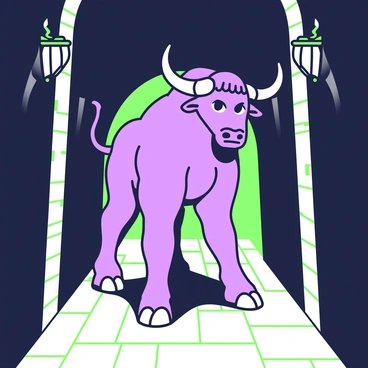 A Minotaur is standing guard inside the labyrinth's shadowy corridors. The creature has a muscular build, with large horns curving from its head. It is positioned in a narrow passage, flanked by rough stone walls that are partially obscured by shadows. Dim light flickers from sconces along the walls, casting elongated shadows across the ground. The Minotaur's expression is fierce and watchful, with its eyes scanning the surroundings. A stone floor beneath its hooves is slightly worn, hinting at the many footsteps that have passed through the labyrinth.