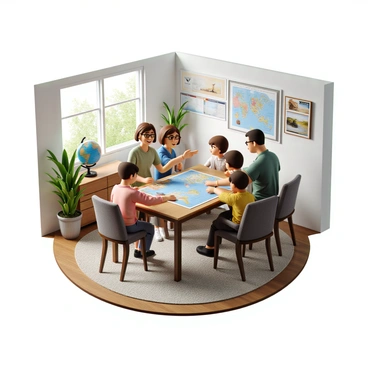 A travel agent with short brown hair and glasses is seated at a modern wooden desk in an inviting office. She is smiling and gesturing towards a large map spread out on the desk, indicating various destinations. A family of four, consisting of a mother, father, and two children, is gathered around her. The mother is looking at the travel agent, while the father is examining a brochure. The two children are excitedly pointing at pictures of beaches on the map. The office is decorated with travel posters and a globe stands on a nearby shelf. Natural light is streaming in through a window, creating a welcoming atmosphere.