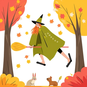 An autumn witch with long, flowing orange hair wearing a dark green cloak is hovering in the air on an enchanted broom. The broom is adorned with small, glowing runes along its handle. Around her, colorful fallen leaves in shades of red, yellow, and brown swirl in the air, magically lifted by her movements. The forest is filled with tall trees displaying vibrant autumn foliage, and soft rays of golden sunlight filter through the branches. A few small, curious woodland creatures, such as a squirrel and a rabbit, watch her from the ground, intrigued by her leaf-collecting endeavor.