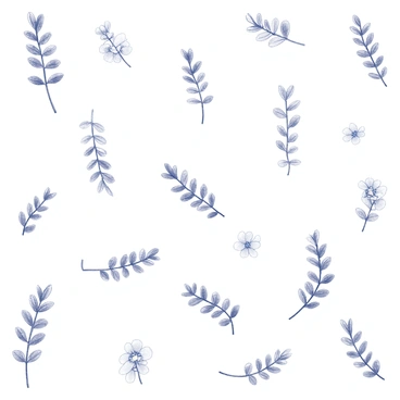 A monochrome drawing of a repeating pattern featuring delicate "thyme sprigs" interspersed with "small flowers." The sprigs are realistically depicted with detailed leaves and stems, arranged in a harmonious composition that showcases their natural form. The flowers are illustrated with intricate petals, adding visual interest to the pattern. The overall layout is structured and balanced, creating a seamless repetitive design.