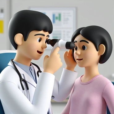 A close-up view of a doctor with short, dark hair wearing a white lab coat and a stethoscope around their neck. The doctor is focused intently as they hold an ophthalmoscope close to a patient’s eye. The patient has light skin and appears calm, with their eye open wide, revealing the retina. The examination room is well-lit, with a few medical charts and equipment in the background, emphasizing the clinical setting.