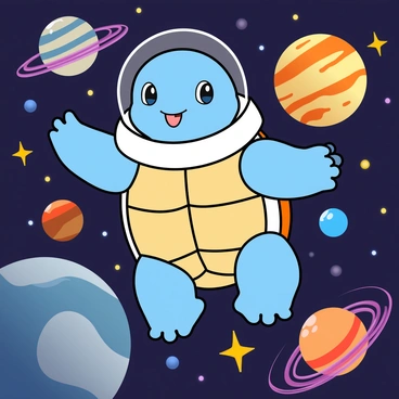 A cute Squirtle with a blue shell and a cheerful expression is wearing a sleek white space suit that fits snugly around its body. The suit features a round helmet with a clear visor, showing Squirtle's happy face inside. It is floating gracefully among several colorful planets, each with its own unique textures and patterns, like swirling clouds or bright rings. Surrounding the planets are twinkling stars of varying sizes, some glowing brightly while others are subtle in the background. The scene is vibrant and lively, capturing the adventurous spirit of Squirtle in the expansive cosmos.