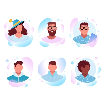 A series of doodle-style portraits depicting diverse individuals. Each portrait features a person with distinct attire and accessories. One individual is wearing a brightly colored hat and has curly hair. Another portrait shows a person with glasses holding a book. A third portrait displays someone with patterned clothing and a scarf. Each figure is surrounded by simple, playful shapes and elements that emphasize their unique styles. The background has gradient pastel colors that softly blend into each portrait.
