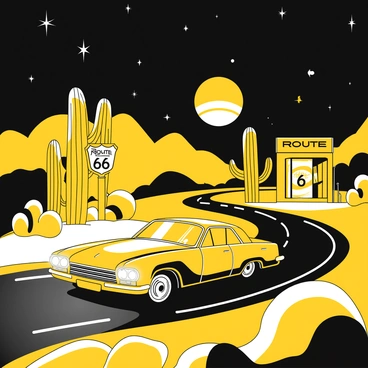 A car is driving along a winding Route 66 at night, the headlights illuminating the asphalt. The sky above is filled with stars, twinkling brightly against the black backdrop. The landscape features silhouettes of desert plants and distant hills in the background. Alongside the road, a vintage gas station with a classic sign is visible, casting soft shadows. The car has sleek lines and a glossy finish, reflecting the starlight as it moves forward.