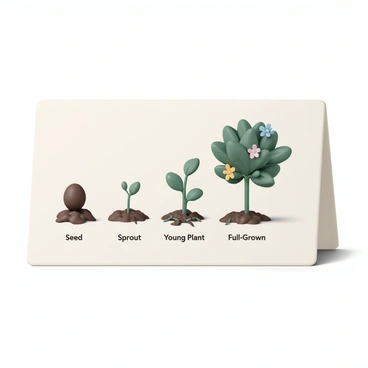 A flashcard featuring a detailed visual representation of the life cycle of a plant. On the left side, there is a seed, depicted as a small brown oval shape resting on soil. Next to it, a sprout emerges, showing a tiny green stem with two leaves unfurling. In the center, a young plant is illustrated with a thicker stem, several green leaves, and roots visible in the soil. To the right, there is a mature plant with a robust trunk, an abundance of lush green leaves, and colorful flowers blooming. Each stage is clearly labeled with the words "Seed," "Sprout," "Young Plant," and "Full-Grown Plant." The background is a light color to enhance the visibility of each stage in the plant's life cycle.