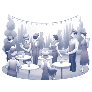 A garden setting filled with lush greenery and blooming flowers. Several round tables are adorned with white tablecloths and elegant centerpieces. Guests are mingling throughout the scene. Some women are dressed in "classic flapper outfits," featuring fringe and bead details, with bobbed hairstyles adorned with headbands. Other women are wearing "elegant hats" that complement their attire. The men are dressed in "dapper outfits," including fitted suits, bow ties, and fedoras. A few guests are holding "classic cocktails" in their hands, while others are engaged in conversation or laughter. A string of "fairy lights" hangs above, adding a festive touch to the atmosphere.