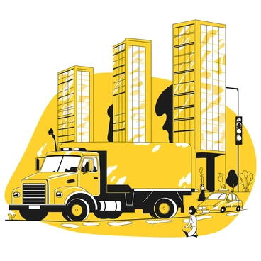 A black truck parked on the side of a busy street. Towering skyscrapers rise in the background, displaying large glass windows reflecting the surroundings. The street is bustling with activity, showing pedestrians walking by and yellow taxis driving past. The scene captures the essence of a vibrant city life filled with energy and movement.