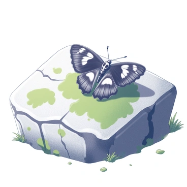 A death's-head hawkmoth with distinctive skull-like markings on its thorax is resting on a large, ancient stone. The stone is covered in patches of green moss, indicating its age and the presence of moisture. The surface of the stone shows signs of erosion, with cracks and textures that enhance its weathered look. The moth's wings are spread slightly, showcasing intricate patterns and textures, while its body rests firmly against the rough surface of the stone. Surrounding the stone, small tufts of grass and some scattered leaves are present, suggesting a woodland environment.