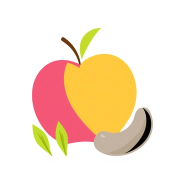 A cashew apple with a vibrant red and yellow exterior, sitting beside a grey cashew nut. The cashew apple has a glossy surface that reflects light, showcasing its rich colors. The grey cashew nut is shaped like a small kidney, positioned on a wooden surface. Small green leaves are scattered around, adding to the natural setting of the image.