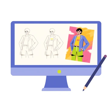 A computer screen displaying a digital painting in various stages of completion. On the left side of the screen, a rough gray sketch shows the outline of a character. In the middle, a partially colored version features basic colors applied to the character's clothing and skin. On the right side, the finished piece showcases vibrant colors, intricate details, and polished textures in the character design, with a bright, dynamic background. A stylus rests on the desk next to the computer.