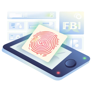 A close-up image of a human fingerprint is shown on a sleek, high-tech scanning device. The fingerprint displays intricate whorls and ridges, highlighting its unique patterns. The background features a digital interface with glowing blue lights and various data metrics, indicating that it is part of an FBI digital database. The scanning device itself has a modern design, with a dark finish and a clear screen displaying the fingerprint in detail. Several small indicators on the device light up, suggesting that the scanning process is active.