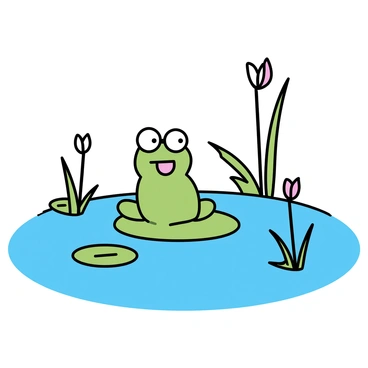 A whimsical scene with a talking frog sitting on a lily pad in a pond