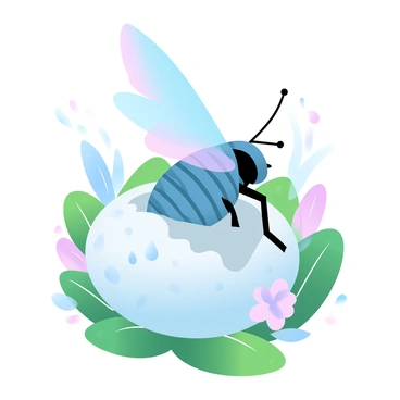 An exotic insect is breaking free from a speckled egg. The egg is nestled in a lush green environment, surrounded by vibrant foliage and delicate flowers. The insect has iridescent wings that shimmer in a range of colors, reflecting the soft light around it. Its body is segmented and adorned with intricate patterns, showcasing unusual textures and hues. A few small droplets of moisture are visible on the egg’s surface, hinting at the recent hatching. The scene captures the moment of transformation and new beginnings in the natural world.