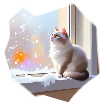 A fluffy cat with a thick coat of white and gray fur is perched on a frosty window sill. Its eyes are wide and alert as it gazes outside. The cat's ears are perked up, and its whiskers are slightly twitching in fascination. Snowflakes gently fall from the sky, creating a serene scene outside, contrasting the warmth of the indoor setting. The window is adorned with delicate frost patterns, and the cold air outside is palpable, while the cat appears cozy and curious.