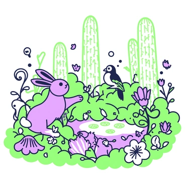 An enchanted garden with talking animals and magical plants in a comic illustration