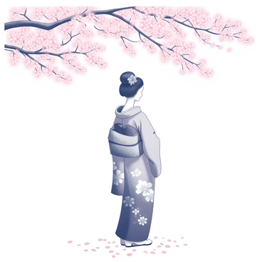 A graceful geisha in a colorful kimono standing under cherry blossom trees.