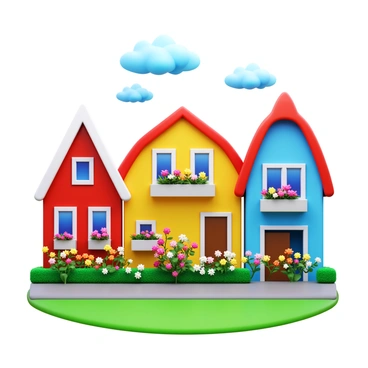 A village scene featuring several quaint houses with unique architectural styles. Each house has colorful facades and charming details like window boxes filled with flowers. Surrounding the houses are blooming gardens, showcasing a variety of vibrant flowers in full bloom. There are green lawns and neatly trimmed hedges, adding to the picturesque atmosphere of the village. The sky above is clear with a few fluffy clouds, creating a cheerful and inviting setting.