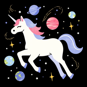 A unicorn with a shimmering white coat and a long, spiraled horn is gracefully floating through a vast expanse of space. The unicorn has a flowing mane that sparkles with shades of pastel colors, resembling a cosmic nebula. Surrounding the unicorn are vibrant planets of various sizes and colors, including a large blue planet with swirling clouds and a small red rocky planet. Bright shooting stars streak across the backdrop, leaving trails of light in their wake. The scene is filled with countless twinkling stars scattered across the dark sky, enhancing the magical atmosphere.