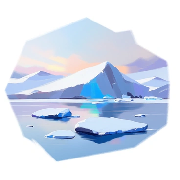 An enchanting glacier with a smooth, shimmering surface emits a soft blue glow in a polar landscape. Surrounding the glacier are vast stretches of smooth, white snow that reflect the light, creating a serene atmosphere. In the foreground, a few small, rugged icebergs float gently in icy waters, their edges glistening. The sky above is a gentle gradient of pale blues and purples, hinting at a tranquil twilight setting. The entire scene radiates a sense of calm and wonder, highlighting the beauty of this remote, frozen world.