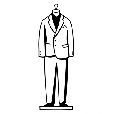 A classic vintage suit displayed on a mannequin. The suit features a double-breasted jacket with prominent lapels, and tailored trousers with a sharp crease down the front. The fabric exhibits a textured pattern, showcasing the craftsmanship. A small pocket square is neatly tucked into the breast pocket of the jacket. The mannequin stands in an upright position on a pedestal, highlighting the elegant silhouette of the suit. The background is a simple, unobtrusive space that emphasizes the suit's design.