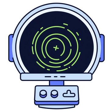 An old-fashioned radar screen with a circular display in the center. The screen has a dark green background and is surrounded by a chunky, metallic frame. Bright green waves are visibly scanning across the surface of the screen, creating concentric circles that radiate outwards. Small dots representing objects are scattered around the display, indicating different targets. The radar has a simple control panel beneath it with a few knobs and buttons, depicted in a minimalistic design.