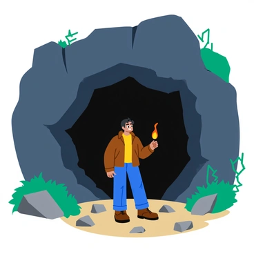 An adventurer standing at the entrance of a dark cave, appearing cautious and contemplative. The adventurer is dressed in rugged outdoor gear, including a brown leather jacket and sturdy boots. They hold a flickering torch in one hand, casting a warm glow on their face. The cave entrance looms large and ominous, with jagged rocks framing the opening. Shadows dance within the cave, hinting at mysterious depths. Surrounding the entrance, there are twisted vines and scattered stones, enhancing the sense of wilderness. The sky above is overcast, adding to the overall atmosphere of uncertainty.