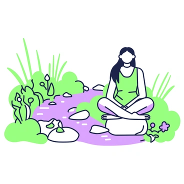 A meditating figure is seated cross-legged on a smooth rock near a flowing stream. The figure is dressed in loose, comfortable clothing and has long hair cascading down. Around the figure, there is a variety of lush greenery, including tall grasses and leafy shrubs, that frame the scene. The stream flows gently, with small ripples cascading over rounded stones, while a few delicate flowers bloom at the water's edge. The overall atmosphere conveys tranquility, with the figure focused and serene amidst the natural surroundings.