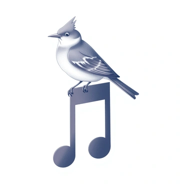 A bird with intricately patterned feathers sits atop a large musical note. The feathers display a variety of detailed designs, possibly resembling waves or geometric shapes. The bird has a small, delicate beak and bright eyes, giving it an alert appearance. The musical note is bold and prominent, providing a contrasting shape beneath the bird. The overall composition highlights the elegance of the bird while emphasizing the significance of music through the note.