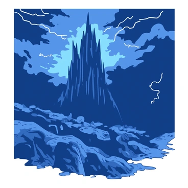 A gray towering structure of Isengard rises sharply against a dark blue stormy sky filled with swirling clouds. Lightning strikes illuminate the silhouette of the structure, casting dramatic shadows across the landscape. Below, the treacherous terrain is rugged and rocky, with jagged cliffs and sparse vegetation, creating a sense of foreboding. The ground is uneven and scattered with boulders, adding to the perilous atmosphere around Isengard.