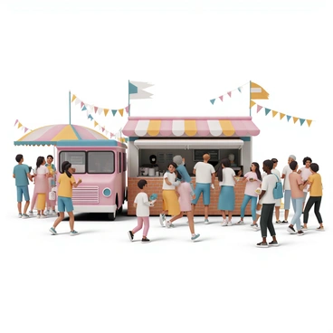 A vibrant festival scene filled with people enjoying the festivities. In the foreground, there is a large, colorful food truck parked next to a rustic brick stall. The truck features bright decorations and an open window where a staff member is serving food. Various people of different ages and backgrounds are gathered around, some holding plates of food and others chatting animatedly. Colorful banners and flags adorn the area, fluttering in the breeze. The ground is bustling with activity, as children run around and friends take selfies in front of the stall. In the background, there are more stalls with bright awnings and decorations, adding to the lively atmosphere.