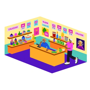 A vibrant in-game store featuring a variety of colorful items displayed on shelves. There are bright sale banners hanging from the ceiling, each displaying different discounts and promotions in bold fonts. The store has a cheerful atmosphere, with a welcoming counter at the front where a friendly character is assisting customers. Several detailed items like game accessories, potions, and clothing are arranged neatly around the store, each item showcasing unique designs and colors. The walls of the store are decorated with eye-catching artwork related to the game, enhancing the lively ambiance.