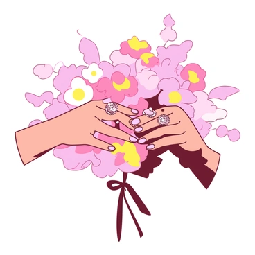 A close-up of two hands exchanging shiny wedding rings. The rings are silver with intricate designs, glimmering as they catch the light. One hand is slightly larger, with neatly manicured nails, while the other hand has a delicate touch, showcasing a simple yet elegant ring. In the background, there is a blurred composition of colorful flowers, creating a soft and romantic atmosphere. The floral shapes are indistinct, adding an ethereal quality to the scene.