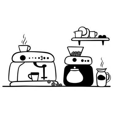 A cozy coffee station located in a kitchen setting. There is a sleek espresso machine prominently displayed on the countertop. Multiple mugs of various sizes are arranged next to it, some resting on a wooden tray. Steam rises from a freshly brewed cup of coffee, creating a sense of warmth. A small jar filled with coffee beans sits nearby, and there are scattered coffee grounds on the counter, hinting at recent use. A quaint wall shelf in the background holds additional coffee accessories.