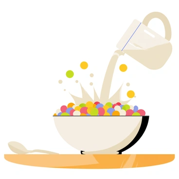 A white bowl filled with colorful cereal pieces sits on a wooden table. A stream of milk is being poured from a glass pitcher, creating a dynamic splash effect as it hits the cereal. The milk has droplets flying off in all directions, and some cereal pieces are airborne due to the impact. A spoon rests beside the bowl, ready to be used.