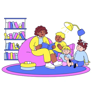 A babysitter with curly brown hair is sitting on a comfortable, oversized bean bag in a cozy reading corner. She is surrounded by colorful children's books stacked on low wooden shelves. The corners of the room are filled with soft cushions and a plush rug in bright colors. Two children, a boy with short blond hair and a girl with pigtails, are sitting beside her, looking at a picture book. A warm light is shining from a nearby floor lamp, creating a welcoming atmosphere in the space.