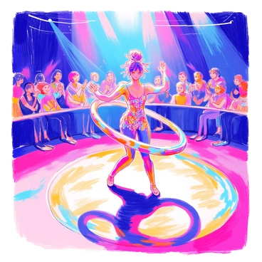 A performer is in the center of a brightly lit ring, spinning multiple hula hoops around their body. The performer is wearing a colorful, fitted outfit adorned with sequins that glint in the light. Their hair is styled in an elaborate bun, with a few strands playfully framing their face. The hula hoops are vividly colored, each one featuring unique patterns that catch the eye as they move. The audience is seated around the ring, captivated by the performance, while some spectators are clapping and cheering. The atmosphere is filled with excitement and energy.