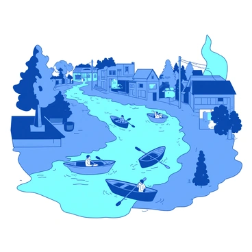 A blue river is overflowing its banks, creating a flood in a small town. The water covers the streets, reflecting the buildings along the sides. Several boats, painted in different colors, are navigating through the flooded streets. The houses have water lapping at their doorsteps, and there are trees partially submerged in the floodwaters. In the background, a few people can be seen in the boats, using paddles to maneuver through the flooded area.