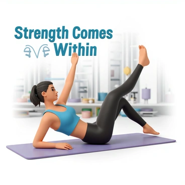 A fit woman, wearing a bright blue sports bra and black leggings, is doing clamshell exercises on a yoga mat. She is on her side, with her knees bent and feet stacked while lifting her top knee toward the ceiling. The background includes a well-lit gym environment with exercise equipment and mirrors. Above her, in bold letters, the text reads "Strength Comes from Within." The overall scene emphasizes determination and motivation.