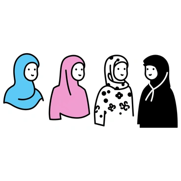 A row of mannequins, each showcasing a different hijab style. The first mannequin is draped in a light blue hijab, featuring elegant folds around the face. The second one wears a deep red hijab, styled with a twisted knot on the side. The third mannequin displays a patterned hijab with floral designs, layered gracefully over the shoulders. The fourth mannequin is adorned with a black hijab, tied in a sleek, modern look. Each hijab varies in texture and fabric, creating a diverse collection that highlights the beauty of different styles.