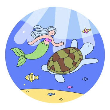 A gentle mermaid with long flowing hair swims gracefully alongside a giant sea turtle. The mermaid has iridescent scales that shimmer in shades of green and blue. Her tail is elegantly elongated with delicate fins. The giant sea turtle has a patterned shell with earthy tones of brown and green. The clear blue waters surround them, with beams of sunlight filtering through the surface and casting dappled light on the sandy ocean floor. Small fish are scattered around, adding vibrancy to the scene.