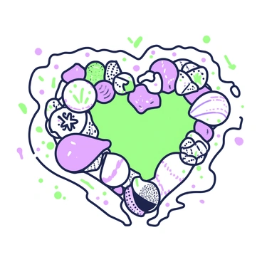 A collection of seashells and trinkets is artfully arranged in a heart shape on a smooth, sandy surface. The seashells vary in size and texture, showcasing intricate patterns and curves. Among the shells, several small trinkets are placed, including a tiny starfish and colorful pebbles, adding contrast to the natural elements. The heart shape is clearly defined, with shells and trinkets closely packed together, creating an eye-catching focal point. Surrounding the arrangement, a few grains of sand are scattered, enhancing the beach-inspired theme.