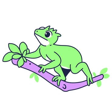 A "crested gecko" is perched on a "thin branch" with its body slightly tilted, showcasing its balancing act. The gecko's eyes are wide and its expression appears focused as it maintains its stability. The texture of the "branch" is visible, with small bumps and a rough surface. Surrounding the branch, there are a few green leaves, adding depth to the scene, while the background remains simple to emphasize the gecko's concentration on its balancing feat.