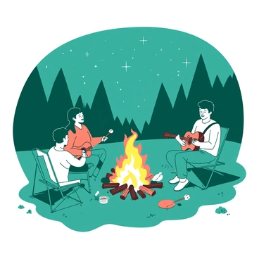 A teal bonfire is crackling in the center of a circle of friends, with bright flames dancing upwards. A small group of four friends, two boys and two girls, are sitting on logs and camping chairs around the fire. One girl, wearing an orange sweater, is roasting a marshmallow on a stick, while a boy in a white t-shirt is playing guitar. The other girl is laughing, her hands animated, and the second boy is leaning back, comfortably relaxed. Above them, the sky is filled with twinkling white stars, creating a beautiful contrast with the dark surroundings.