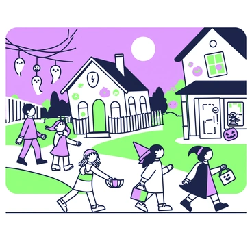 A group of children is walking along a sidewalk in a neighborhood during Halloween night. They are wearing various costumes, such as a ghost, a witch, and a superhero. Baskets in their hands are ready to collect candy. The houses on either side of the street are adorned with spooky decorations, including hanging ghosts and carved pumpkins with faces. Strings of purple lights are draped from windows. A full moon is visible in the sky, illuminating the scene as the children excitedly approach a house with a large skeleton on the lawn.
