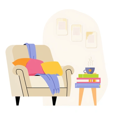 A cozy nook featuring a plush armchair with a soft, colorful blanket draped over one arm. Next to the armchair, a small wooden table is positioned, holding a warm cup of coffee emitting steam. Beside the cup, there is a neatly arranged stack of books with various covers visible, some open and some closed. A soft, ambient light brightens the nook, enhancing the inviting atmosphere. The wall behind the nook is adorned with framed pictures, adding a personal touch to the space.