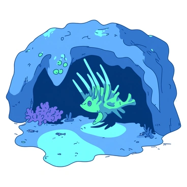 A teal lionfish with long, flowing fins is peeking out from a rocky underwater cave. The cave's walls are covered in rough textures and small patches of vibrant coral. Sunlight filters through the water, creating a play of light and shadows around the lionfish. The surrounding water is a deep blue, enhancing the colorful patterns of the lionfish's body as it curiously observes its environment. Small fish swim nearby, adding movement to the scene.