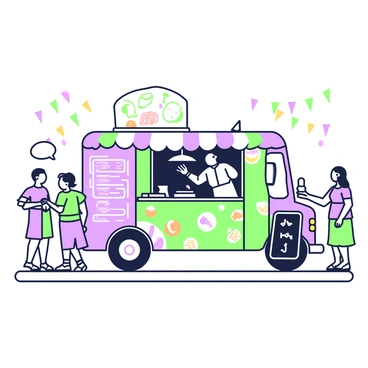 A food truck is parked on a busy street, showcasing a large menu of different types of crepes. The truck's exterior features a bright design with images of various crepes, including sweet and savory options. There is a serving window at the side where a chef is skillfully preparing crepes on a griddle, surrounded by fresh ingredients. A small chalkboard stands near the truck displaying daily specials. Customers are gathered around, some holding plates with filled crepes, while others are engaging in conversation and enjoying their meals. Colorful decorations accent the truck, adding to its inviting atmosphere.